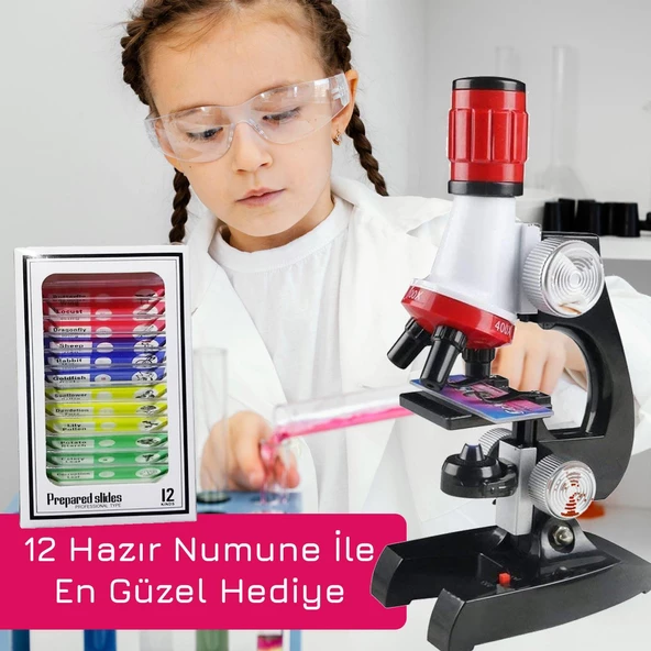 UpWay Science Mikroskop Seti LED Işıklı 100x 400x 1200x Büyütme Eğitici 12 Adet Biyolojik Örnek Hediyeli - 6
