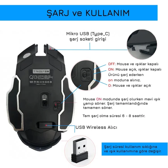 UpWay TW-Q13 Kablosuz Sessiz RGB LED Işıklı Şarjlı Ergonomik 2400DPI Gaming Mouse Siyah - 4