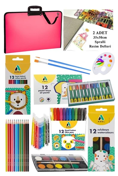 Öğrenci Boyama Seti 10 Parça 1 Paket 35x50 Resim Çantası Resim Defter Adel Sulu Boya Kuru Boya Pastel Boya Keçeli Kalem - 4