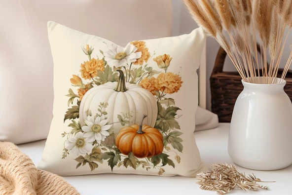Sonbahar Serisi Balkabakları, Balkabağı, Pumpkin, Halloween Yastık Kılıfı - Kırlent Kılıfı