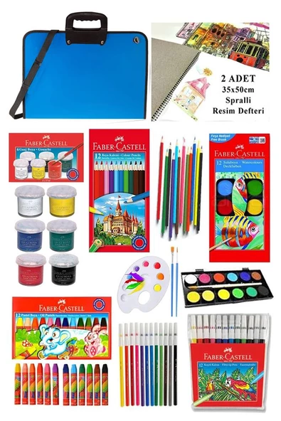 Öğrenci Boyama Seti 11 Parça 1 Paket 35x50 Resim Çantası Resim Defter Fabe Sulu Boya Kuru Boya Pastel Boya Keçeli Kalem - 3