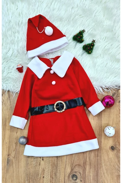 Kız Çocuk Noel Anne Yılbaşı Kostümü Etekli Şapkalı Elbise Yılbaşı Noel Baba Kostümü - 6