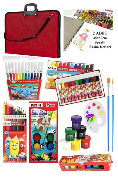 Öğrenci Boyama Seti 11 Parça 1 Paket 35x50 Resim Çantası Resim Defter Fatih Sulu Boya Kuru Boya Pastel Boya Keçeli Kalem - 2