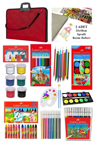 Öğrenci Boyama Seti 11 Parça 1 Paket 35x50 Resim Çantası Resim Defter Fabe Sulu Boya Kuru Boya Pastel Boya Keçeli Kalem - 2