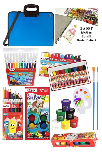 Öğrenci Boyama Seti 11 Parça 1 Paket 35x50 Resim Çantası Resim Defter Fatih Sulu Boya Kuru Boya Pastel Boya Keçeli Kalem - 3