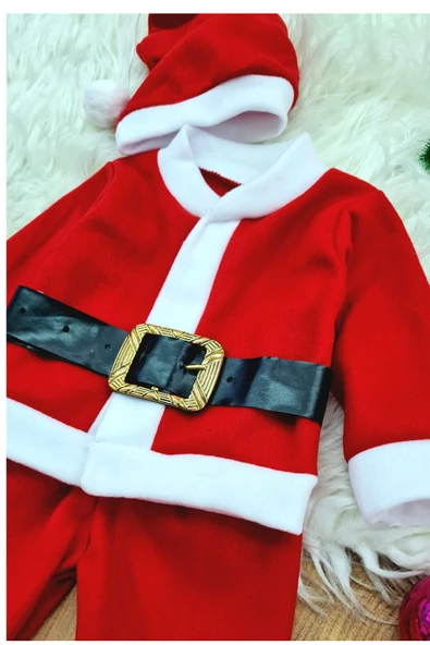 Erkek Çocuk Noel Baba Yılbaşı Kostümü Şapkalı Kemerli Bebek Kostümü - 3