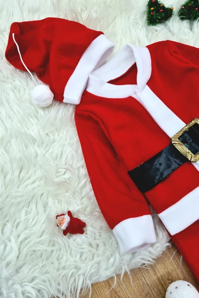 Erkek Çocuk Noel Baba Yılbaşı Kostümü Şapkalı Kemerli Bebek Kostümü - 4