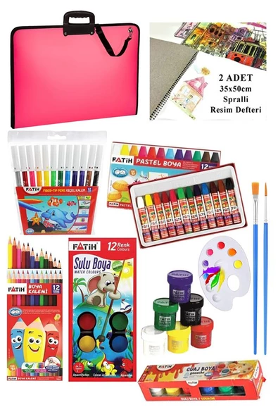 Öğrenci Boyama Seti 11 Parça 1 Paket 35x50 Resim Çantası Resim Defter Fatih Sulu Boya Kuru Boya Pastel Boya Keçeli Kalem - 4