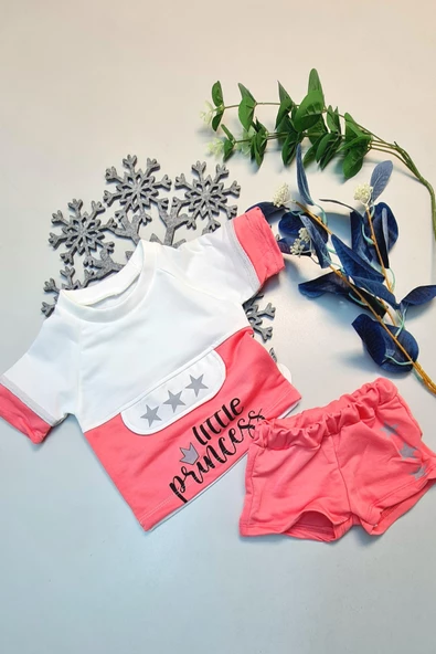 Yazlık Mini Şort Kısa Kol Kız Bebek Takım Little Princess Fuşya - 2