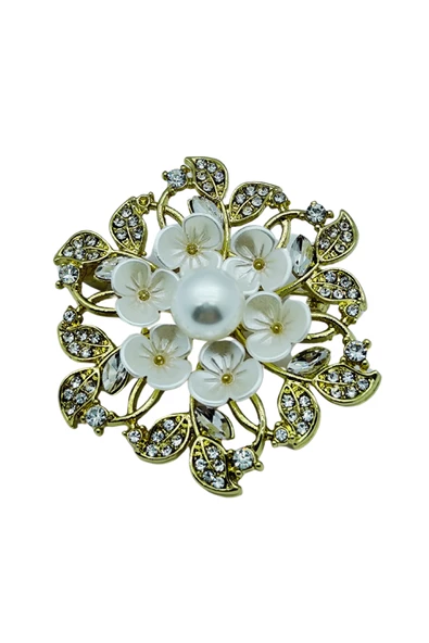 İnci Detaylı Çiçek Broşu - Doğallığın ve Zarafetin Simgesi - Resim 2
