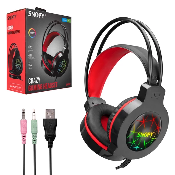 SNOPY CRAZY SN-GX7 Kablolu Oyuncu Kulak Üstü Kulaklık 3.5mm Jack Usb Mikrofonlu Ledli