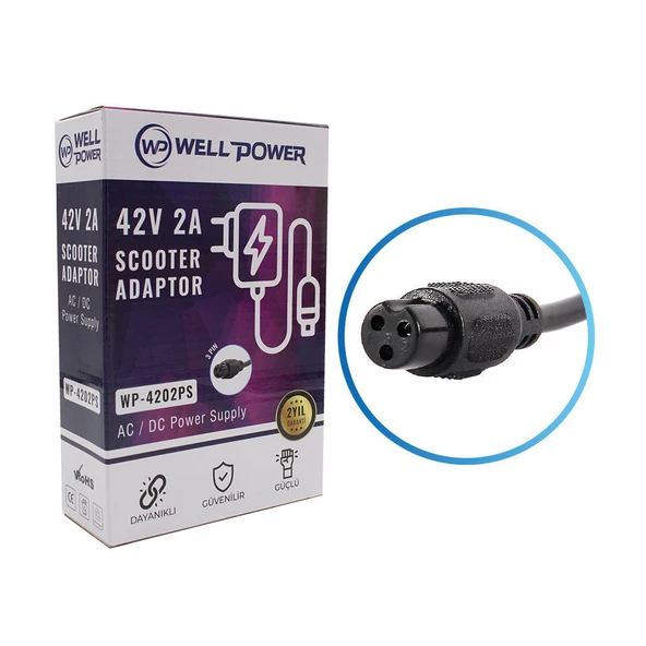 WELLPOWER WP-4202PS Scooter Kaykay Adaptörü 42 Volt 2 Amper 3 Pinli