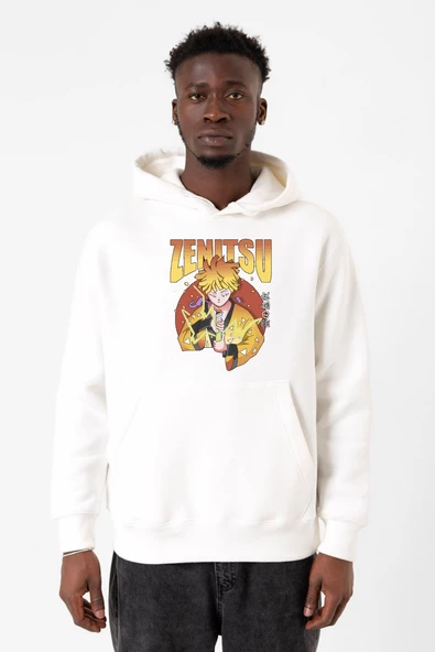 Demon Slayer Anime Zenitsu Poster Beyaz Erkek 3ip Kapşonlu Sweatshirt