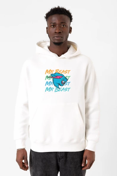 Mr Beast Lettern Beyaz Erkek 3ip Kapşonlu Sweatshirt