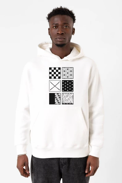 Demon Slayer Anime Patterns Beyaz Erkek 3ip Kapşonlu Sweatshirt ürün görseli