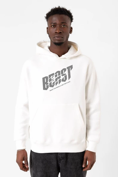 Mr Beast Make The World Beyaz Erkek 3ip Kapşonlu Sweatshirt ürün görseli 1