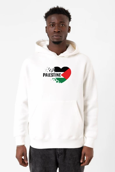 Heart Palestine Flag Beyaz Erkek 3ip Kapşonlu Sweatshirt