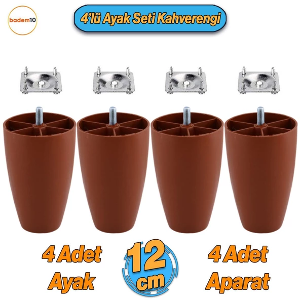 Oval 4 Adet Aparatlı Plastik Ayak 12 cm Kahverengi Mobilya Sehpa Kanepe Koltuk Ayağı Baza Ayakları