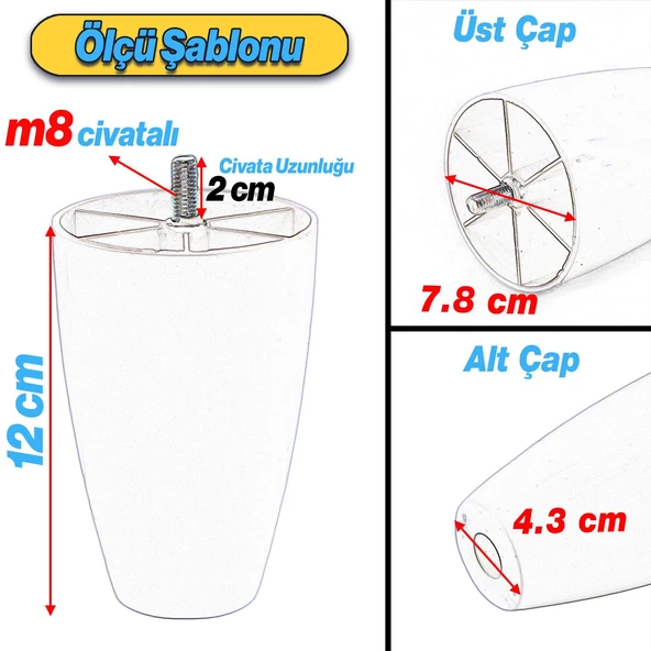 Oval 4 Adet Aparatlı Plastik Ayak 12 cm Kahverengi Mobilya Sehpa Kanepe Koltuk Ayağı Baza Ayakları - 4