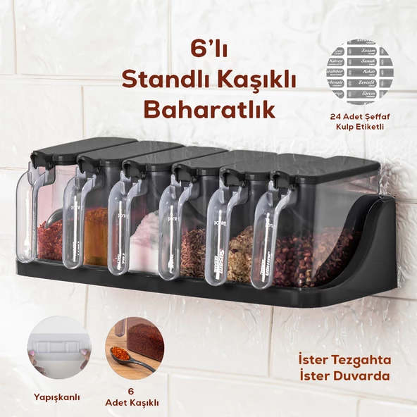 Porsima 1183 6 Lı Simple Standlı Etiketli Kendinden Yapışkanlı Kapaklı Kaşıklı Baharatlık Takımı -baharatlık