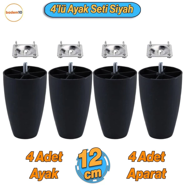 Oval 4 Adet Plastik Ayak 12 cm Siyah Mobilya Sehpa Kanepe Koltuk Ayağı Baza Ayakları Aparat Dahil