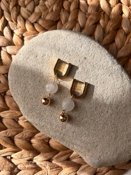 Çelik pembe kuvars küpe - Resim 4