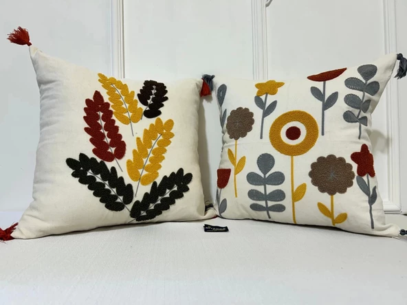 NİVEMESHOME ÇİÇEKLİ NAKIŞLI  KIRLENT KILIFI 45X45 - 3