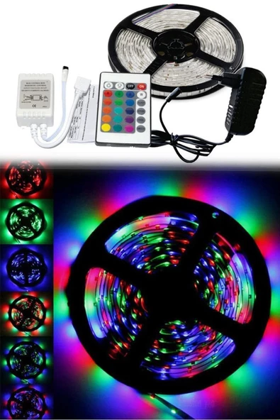 5 Metre Rgb Şerit Led 3 Çip Adaptörlü Kumanda Set Tv Arkası Ve Mutfak Tezgahı Için Garantili