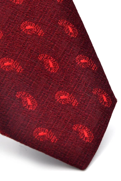 Kırmızı Şal Desenli Bordo Dokuma Kumaş Mendilli Slim Fit Kravat // SDK-240810 - Resim 3