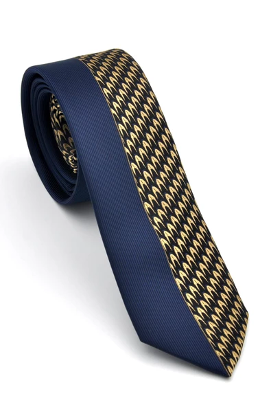 Bej ve Lacivert Pano Desenli Dokuma Kumaş Slim Fit Kravat // KPK016