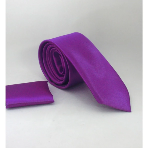 Mor Slim Fit Düz Renk Mendilli Saten Kravat - Ss-20 Mor ürün görseli
