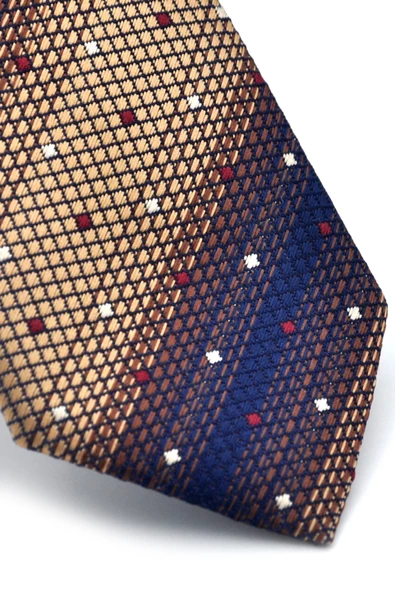 Bej Kahverengi ve Lacivert Verev Desenli Dokuma Kumaş Mendilli Slim Fit Kravat // SDK-240801 - 3
