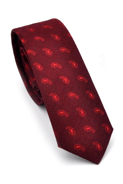 Kırmızı Şal Desenli Bordo Dokuma Kumaş Mendilli Slim Fit Kravat // SDK-240810 ürün görseli