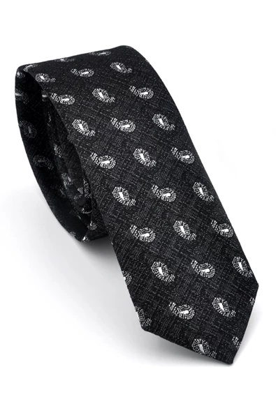 Beyaz Şal Desenli Siyah Dokuma Kumaş Mendilli Slim Fit Kravat // SDK-240809 ürün görseli