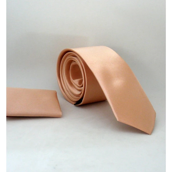 Pudra Slim Fit Düz Renk Mendilli Saten Kravat - Ss-38 Pudra ürün görseli