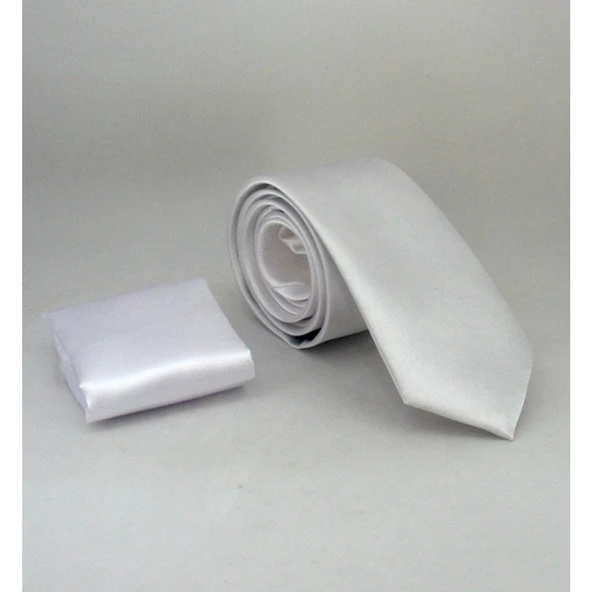 Beyaz Slim Fit Düz Renk Mendilli Saten Kravat - Ss-12 Beyaz ürün görseli