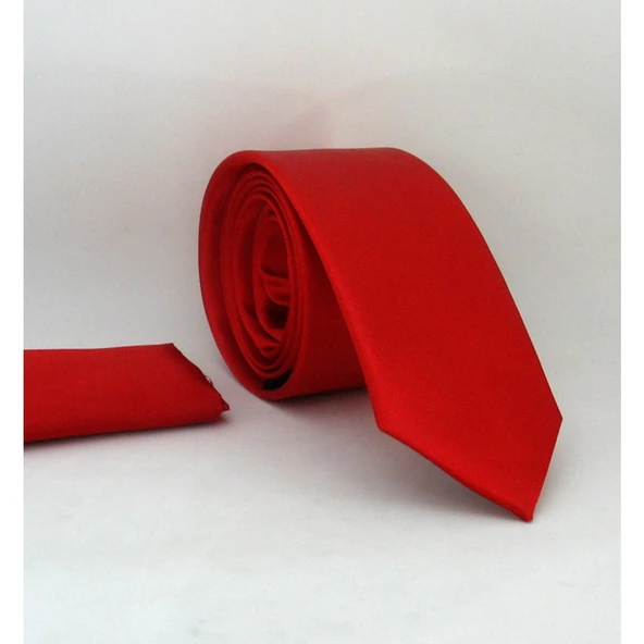 Kırmızı Slim Fit Düz Renk Mendilli Saten Kravat - Ss-02 Kırmızı ürün görseli