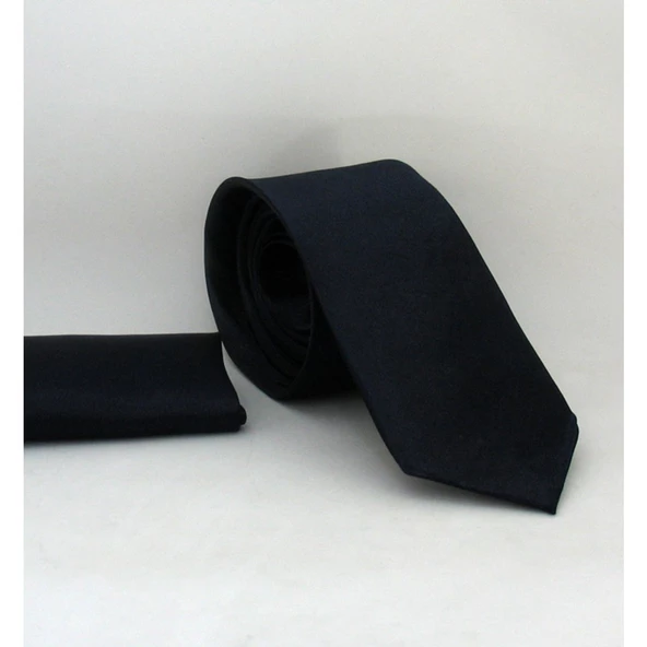 Koyu Lacivert Slim Fit Düz Renk Mendilli Saten Kravat - Ss-18 Lacivert ürün görseli