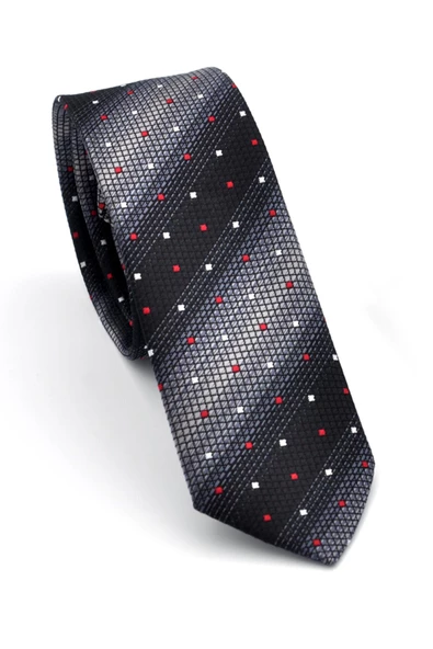 Gri Füme ve Siyah Verev Desenli Dokuma Kumaş Mendilli Slim Fit Kravat // SDK-240803 ürün görseli