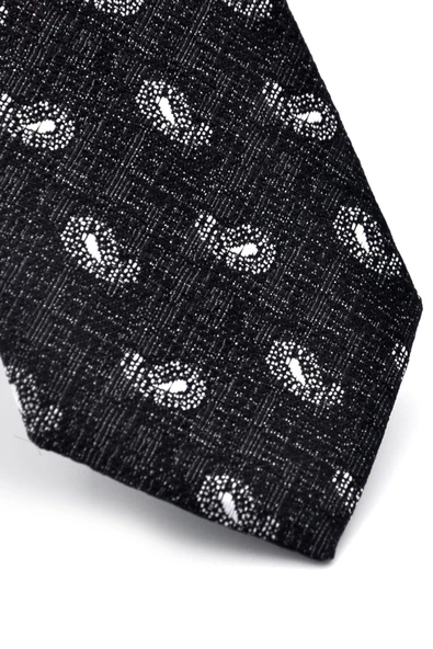 Beyaz Şal Desenli Siyah Dokuma Kumaş Mendilli Slim Fit Kravat // SDK-240809 - Resim 3
