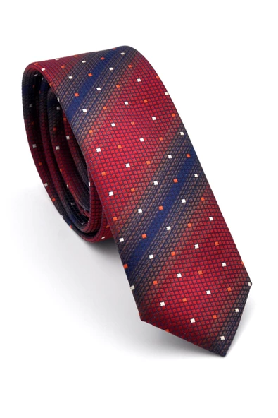 Bordo Kahverengi ve Lacivert Verev Desenli Dokuma Kumaş Mendilli Slim Fit Kravat // SDK-240802 ürün görseli