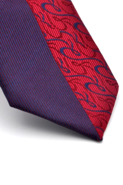 Bordo ve Lacivert Pano Desenli Dokuma Kumaş Slim Fit Kravat // KPK011 - Resim 2