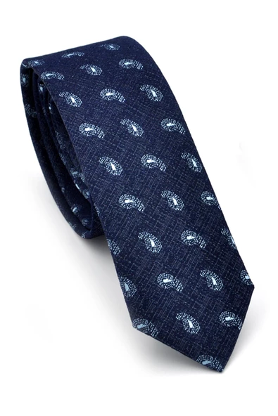 Mavi Şal Desenli Lacivert Dokuma Kumaş Mendilli Slim Fit Kravat // SDK-240808 ürün görseli