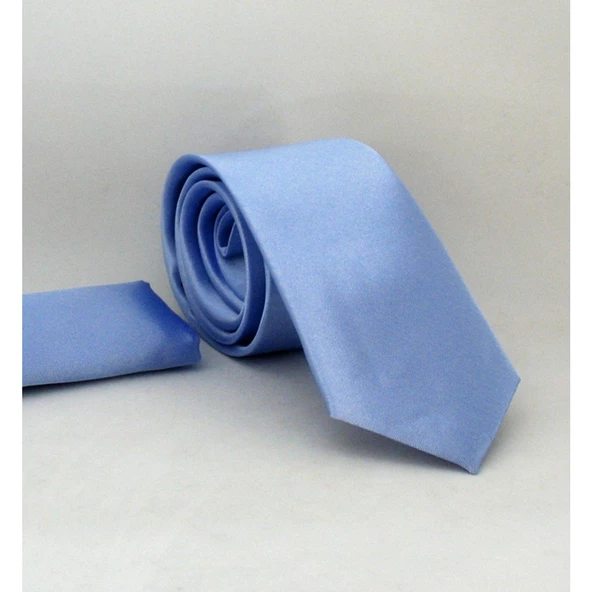 Açık Mavi Slim Fit Düz Renk Mendilli Saten Kravat - Ss-27 Mavi ürün görseli