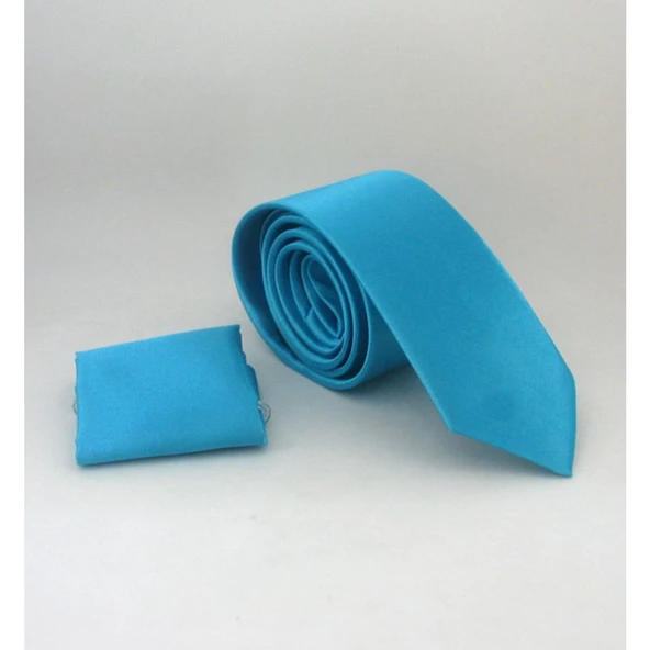 Turkuaz Slim Fit Düz Renk Mendilli Saten Kravat - Ss-15 Turkuaz ürün görseli
