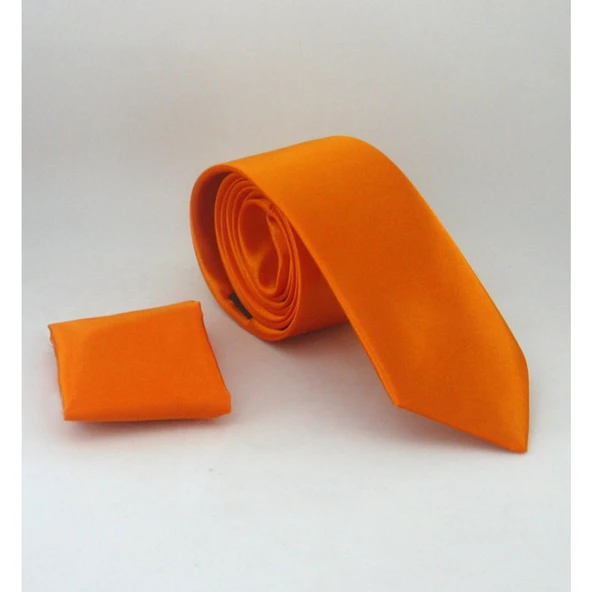 Turuncu Slim Fit Düz Renk Mendilli Saten Kravat - Ss-42 Turuncu ürün görseli