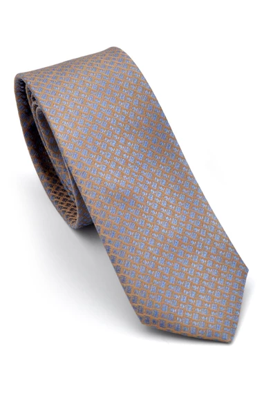 Mavi Küçük Kare Desenli Bej Dokuma Kumaş Mendilli Slim Fit Kravat // SDK-240811 ürün görseli