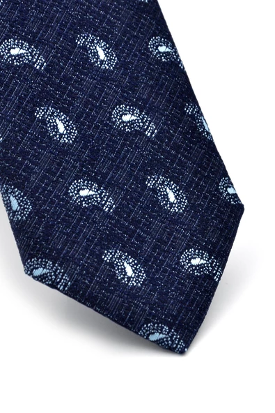 Mavi Şal Desenli Lacivert Dokuma Kumaş Mendilli Slim Fit Kravat // SDK-240808 - Resim 3