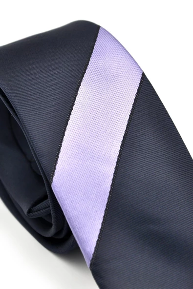 Lila Pano Desenli Siyah Dokuma Kumaş Slim Fit Kravat // KPK007 - Resim 2