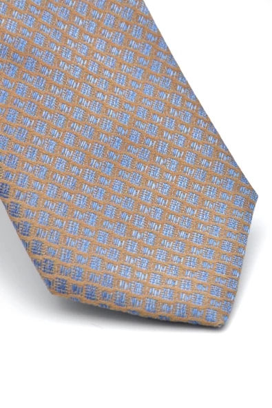 Mavi Küçük Kare Desenli Bej Dokuma Kumaş Mendilli Slim Fit Kravat // SDK-240811 - Resim 3